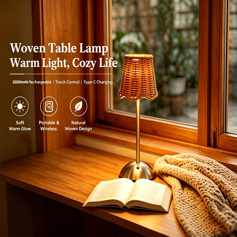 Bedroom Furniture - Lampu Meja Seni Anyaman Rotan Bohemian,