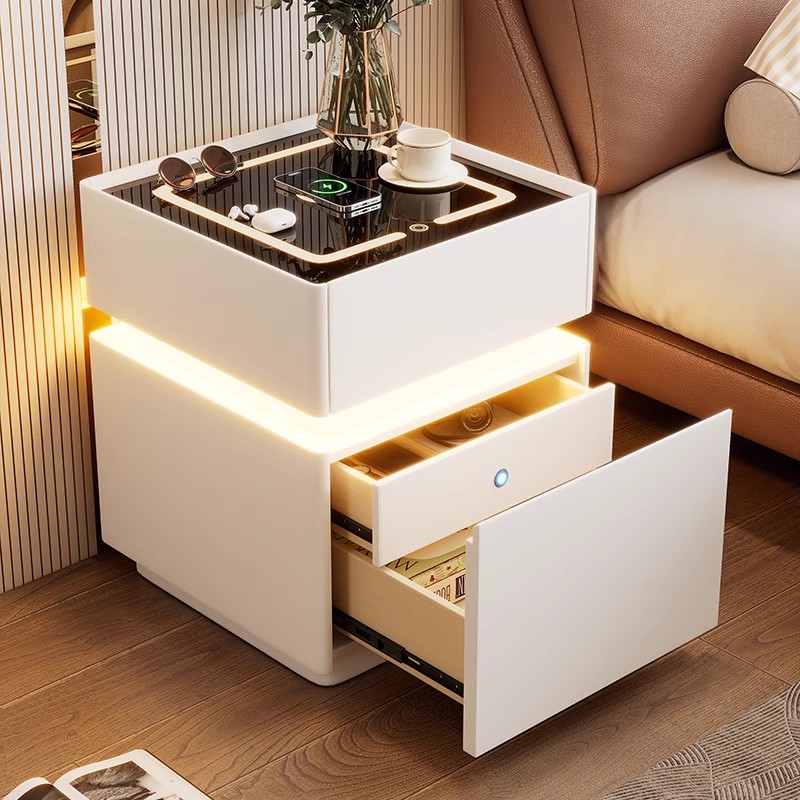 Solid Wood Nightstand 2 Drawers - Meja Samping Tempat Tidur Pintar dengan