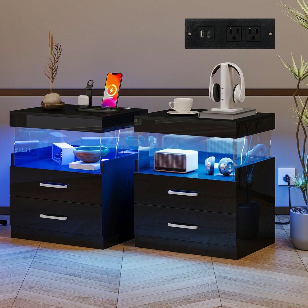 Floating Nightstand With Led Light - Meja Samping Tempat Tidur LED Hitam
