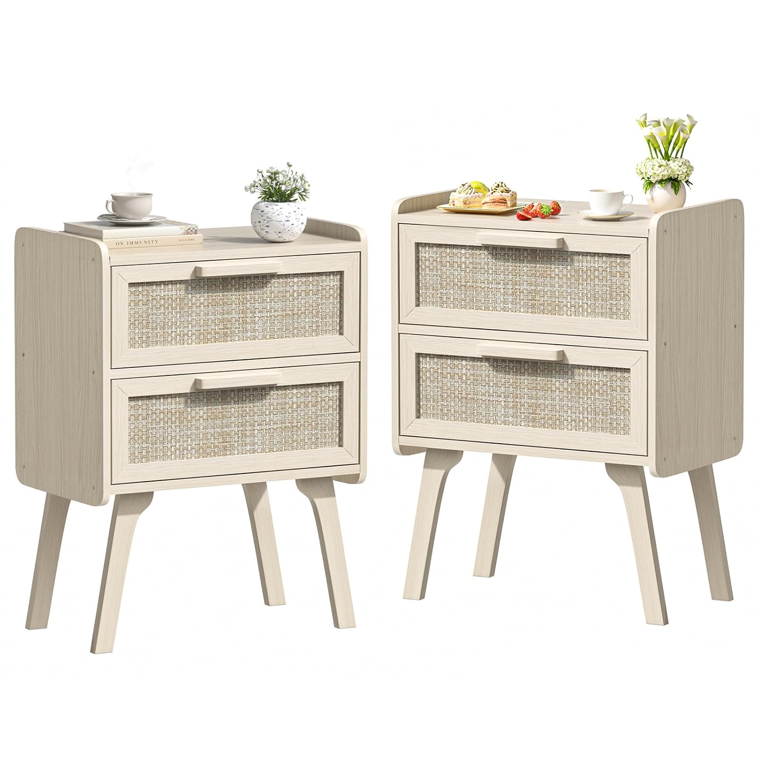 Solid Wood Nightstand 2 Drawers - Set Meja Samping Tempat Tidur Rotan
