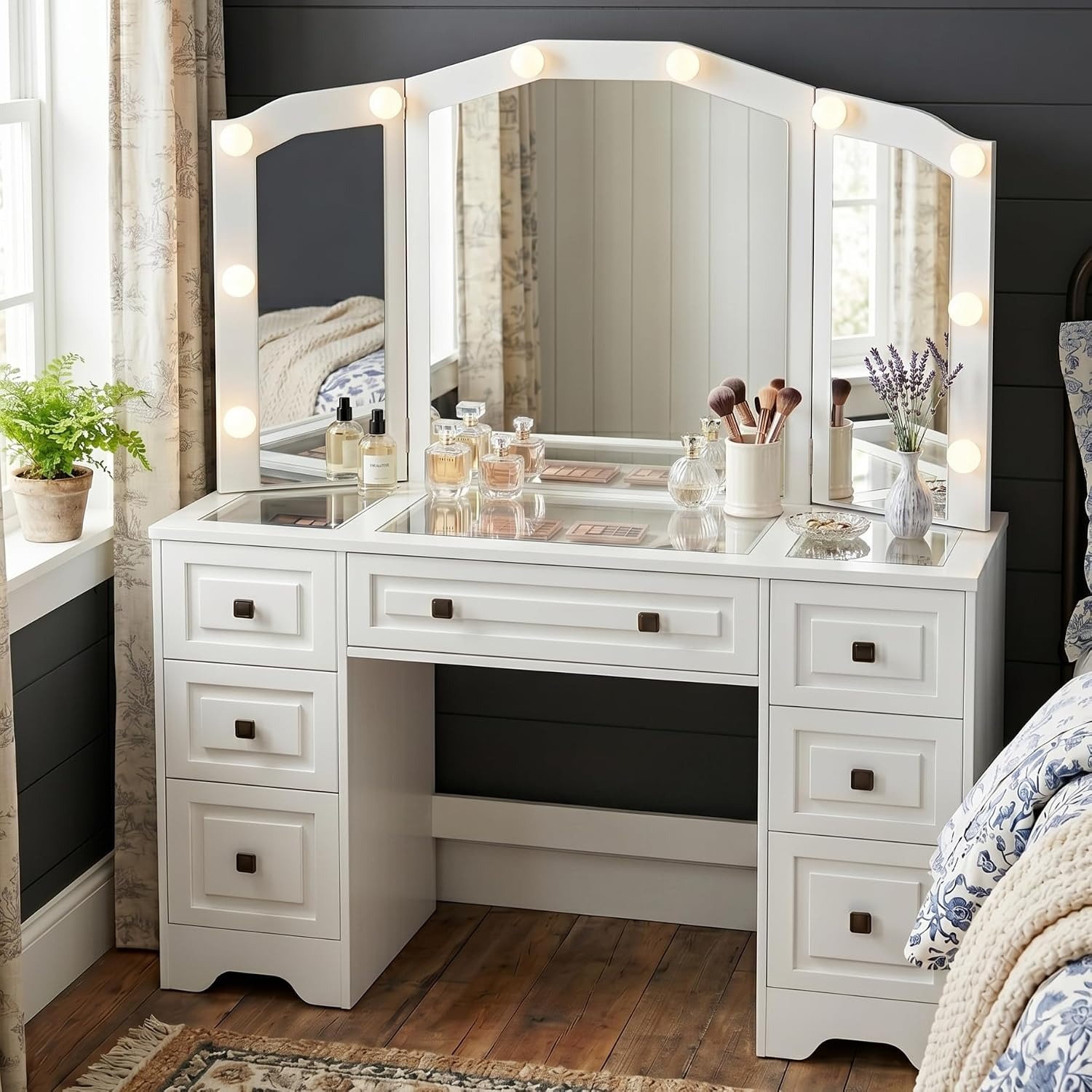 Dressing Table Vanity With Lighted Mirror - Meja Rias Berlampu, Cermin Lipat Tiga,