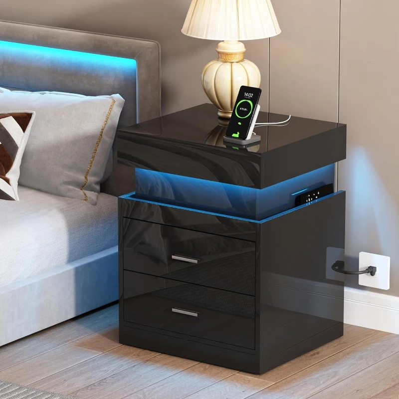 Solid Wood Nightstand 2 Drawers - Meja Nakas LED dengan Stasiun Pengisian