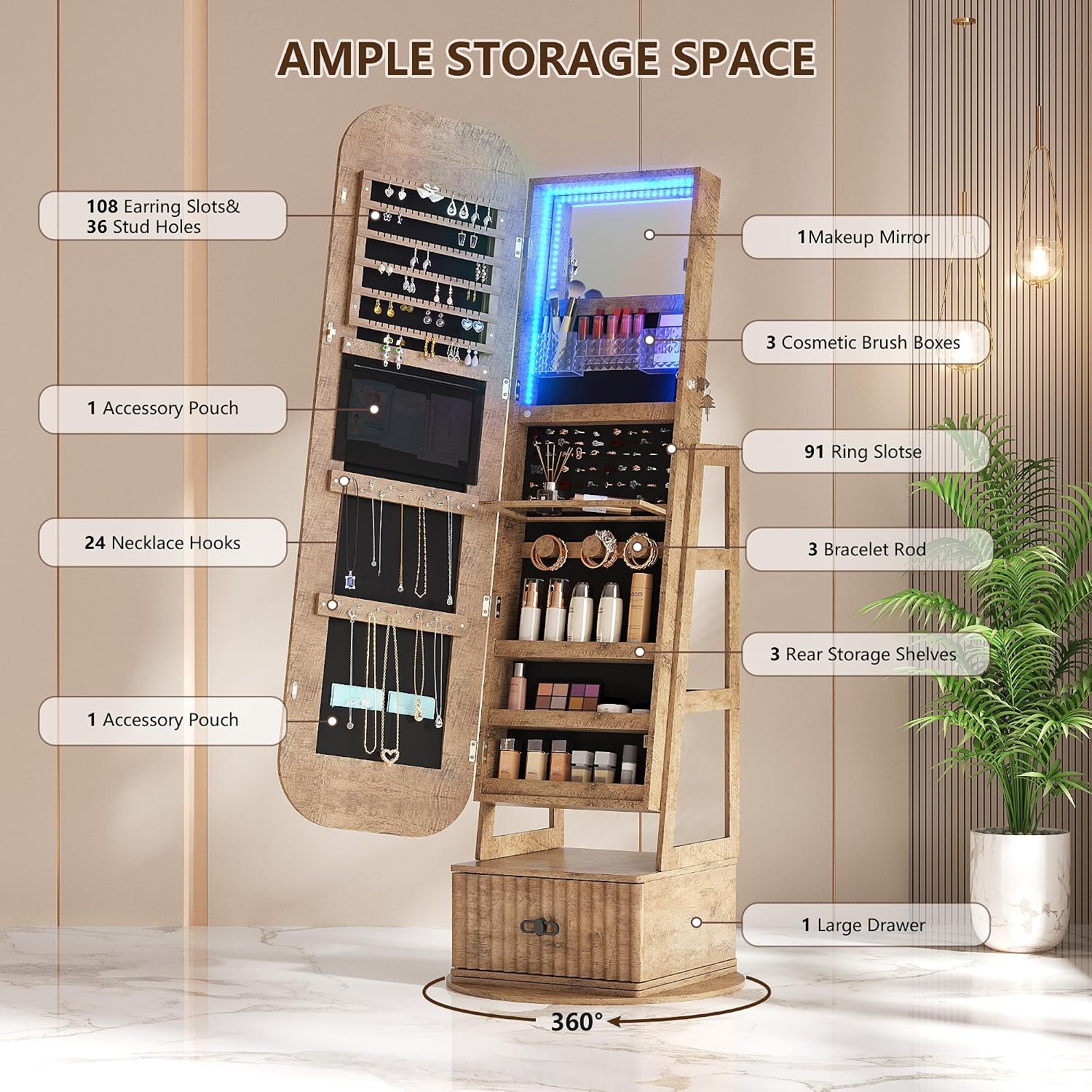 Lemari Perhiasan Putar 360 Der - Full Length Mirror Jewelry Armoire ulasan dan harga
