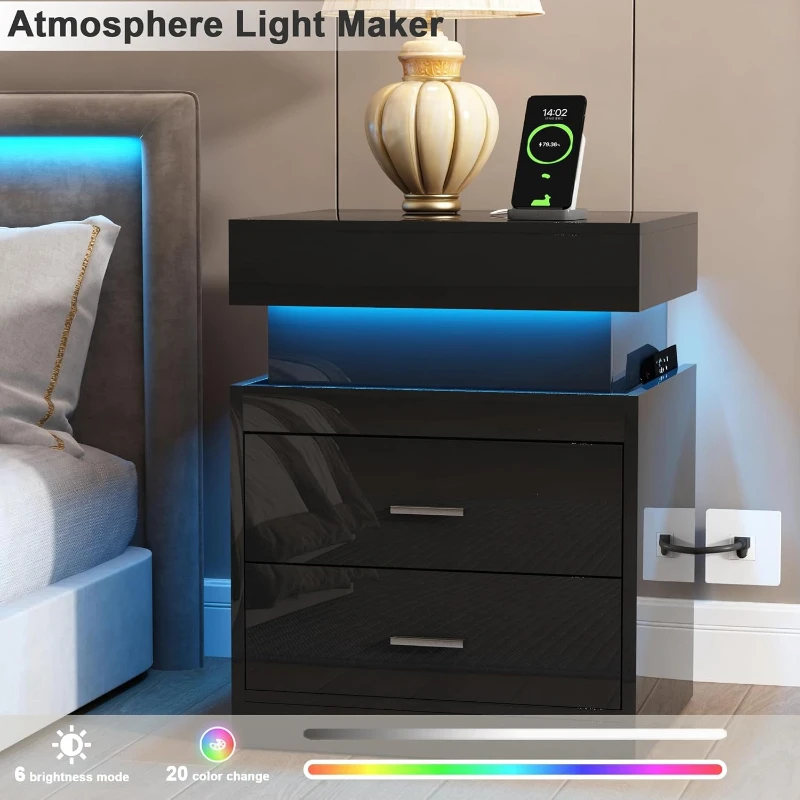 Meja Nakas LED dengan Stasiun  - Solid Wood Nightstand 2 Drawers ulasan dan harga